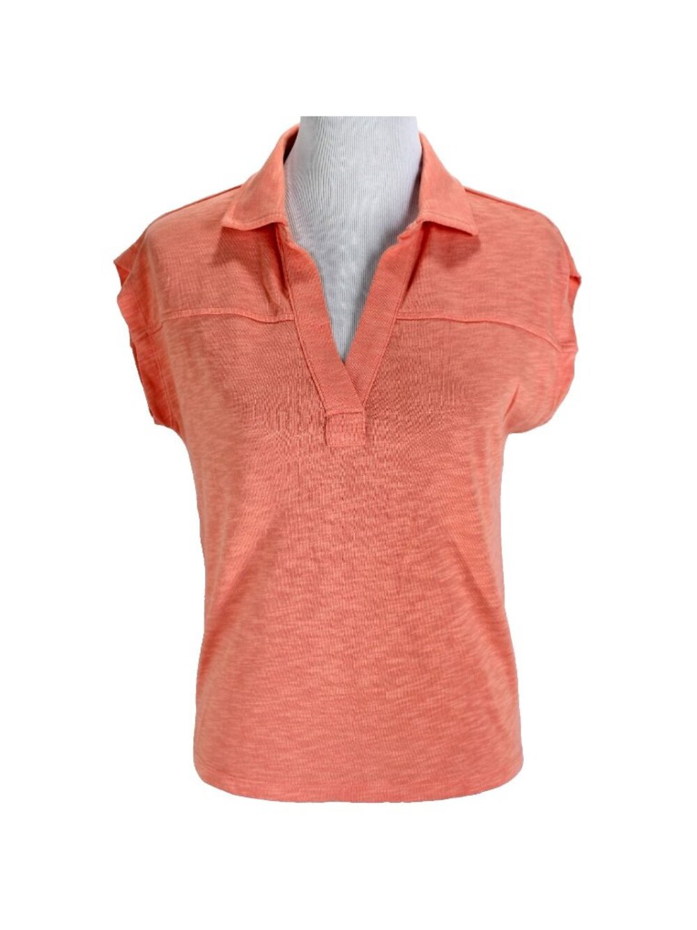 Loft Knit Top Womens Size S Coral Collared Split Neck Cap Sleeve Cotton Blend